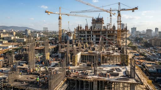 Construction site with steel reinforcement and concrete works in Nakuru